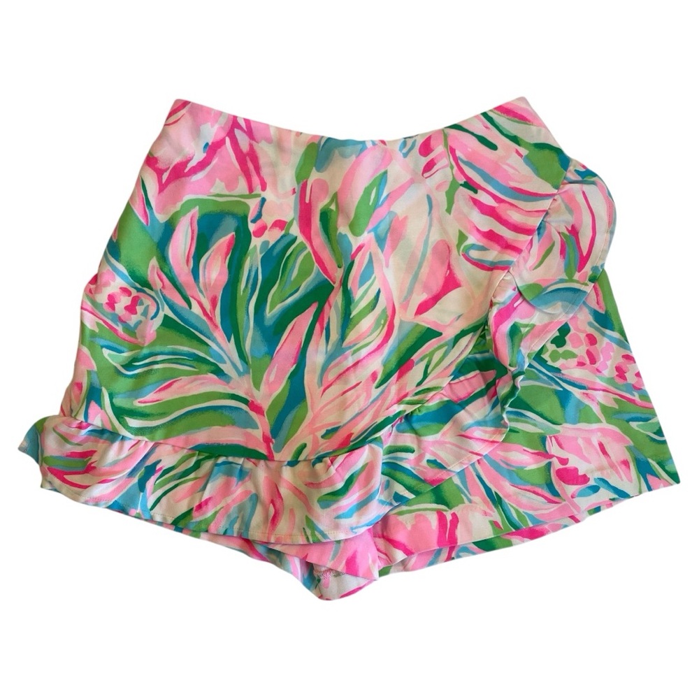 Lilly Pulitzer Faye Skort Croc My World Bright Pink Ruffled‎ Edge Tropical Print